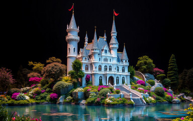 White fairytale castle with tall towers topped by red flags. Lush gardens surround the elegant architecture, reflected in the calm water. A magical landscape.