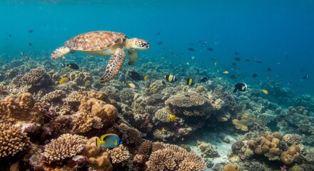 Fototapeta premium Sea Turtle Gracefully Swimming Over Coral Reef