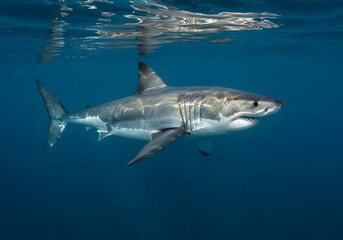 Obraz premium Majestic Great White Shark Underwater Marine Life, Ocean Predator, Wildlife Photography, Marine Biology, Deep Blue Sea