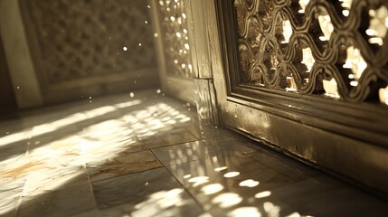 Sunlit ornate interior, marble floor, dust motes, Islamic architecture, design element