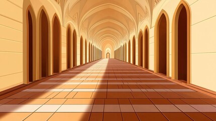 Fototapeta premium Sunlit Palace Corridor; arched doorways, tiled floor; background light; game design