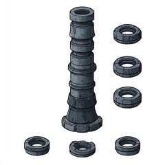 Detailed Illustration of Stone Tower with Circular Discs and Base, Perfect for Fantasy or Game Design Projects