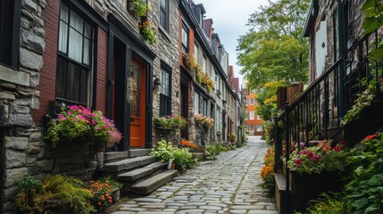 Obraz premium Picturesque cobblestone alleyway framed by stone buildings with flower boxes