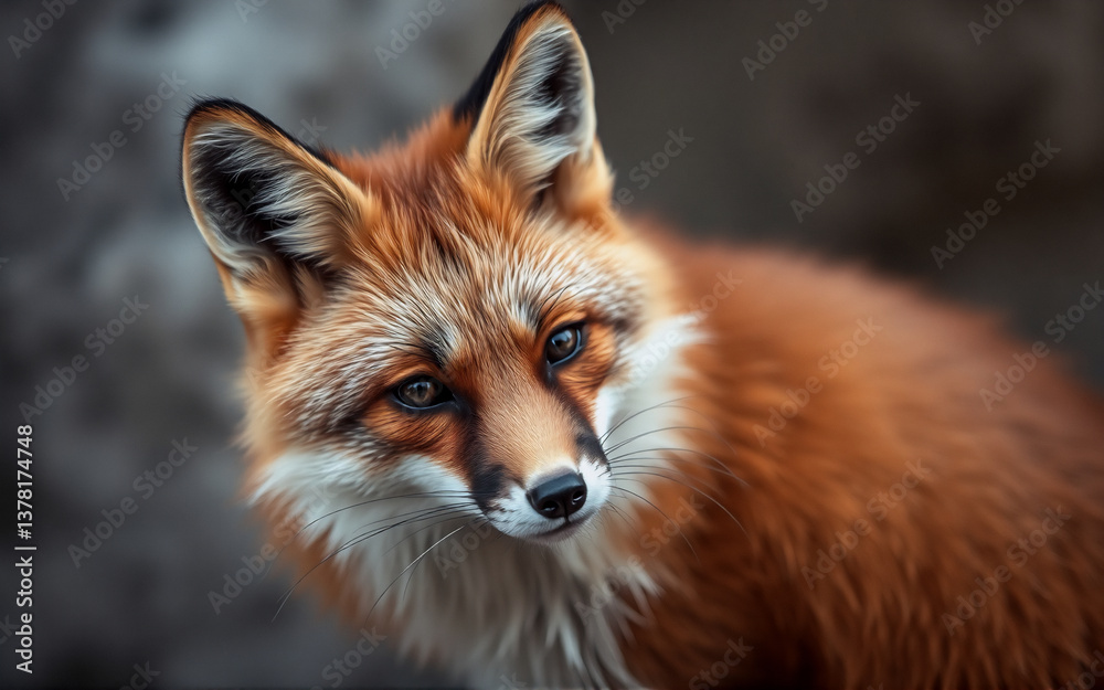 Poster A close-up portrait of a red fox with a bushy tail, looking directly at the camera with curious eyes against a blurred natural background.