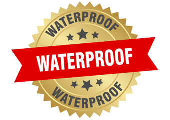 waterproof. waterproof round red and gold label isolated on transparent background