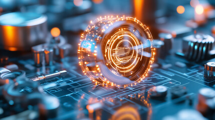 Fototapeta premium Glowing circular element on futuristic circuit board highlighting intricate technology details. High-tech setting with vibrant lighting and blue tones