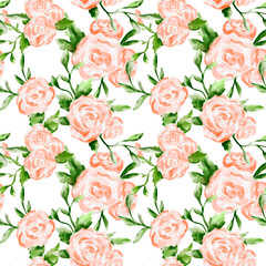 Romantic rose and leaf pattern in soft watercolor style, ideal for backgrounds, vintage decor, and floral textiles.