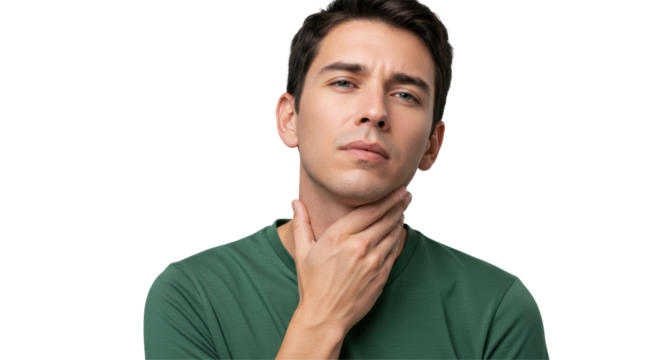 Isolated Man Holding Throat Depicting Sore Throat