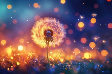Magical dandelion glowing at night