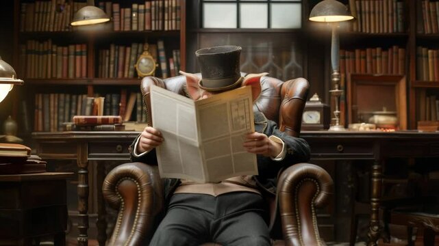 humanoid pig in top hat sits in chair reading newspaper . Symbol of capitalism . Reading newspaper . Generative AI