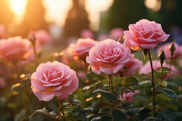 Beautiful Pink Roses Garden Sunset Soft Light Floral Nature Love Bush Bloom Plant Image Photo Petals