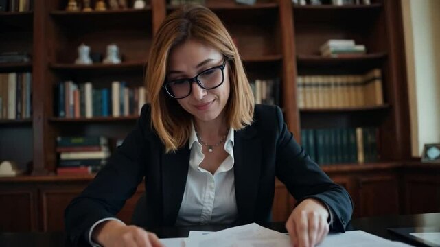Abogada revisando documentos legales en su despacho con biblioteca al fondo