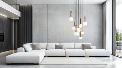 Contemporary minimalist lounge, white heavy sofa, concrete finish, opal glass pendant light on gold wires, clean volume