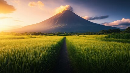 Fototapeta premium Scenic path through rice fields at sunrise with active volcano erupting in background