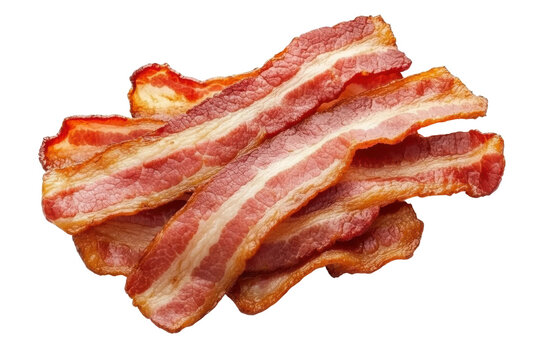 Crispy cooked bacon slices piled on black background, cut out