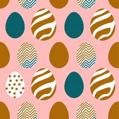 A vibrant and cheerful Easter egg pattern, featuring various designs such as zebra stripes, polka dots, and zigzags, in a pleasing mix of teal, gold/brown, and white on a pastel pink background