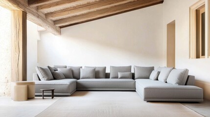 Fototapeta premium Minimalist attic living room, soft gray modular sofa, wooden ceiling beams, warm indirect lighting, neutral color palette