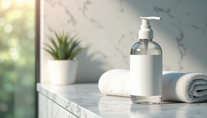 Clear pump bottle mockup with white label on marble bathroom counter with towel and plant.