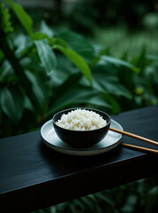 A still life display of a bowl of white rice