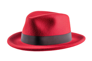 Classic red fedora hat with black ribbon on white background, cut out
