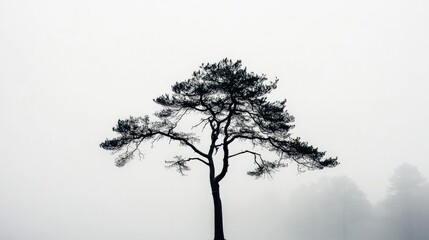 Lonely tree silhouette in misty forest nature photography serene atmosphere minimalist view