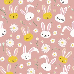 Obraz premium A cheerful and playful seamless pattern featuring adorable cartoon rabbit faces and white daisies on a soft, pastel pink background
