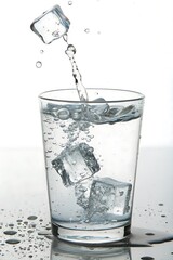 Ice cubes dropping into a glass of water creating refreshing bubbles and a cool crisp drink with a