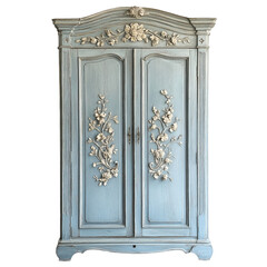 Pastel blue vintage armoire with elegant floral carvings and curved crown, perfect for shabby chic or French country decor.