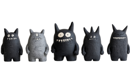 Quirky monster figurines line up against a black background, cut out transparent