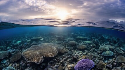 Obraz premium Coral reef underwater at sunset with half-above ocean split showing horizon