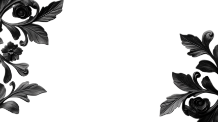 Black ornate floral corner design background element, cut out transparent