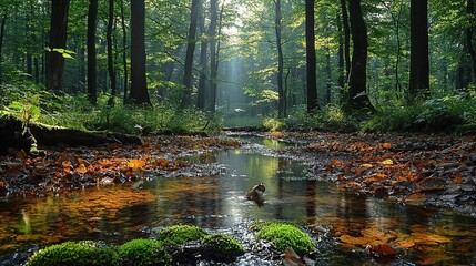 Earth Day Forest Scene: Sun - dappled Stream with Squirrel in Water
