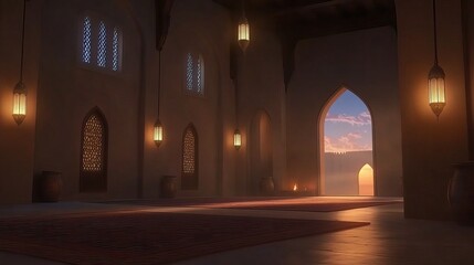 Fototapeta premium Sunset Mosque Interior Peaceful Prayer Room