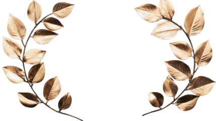 Golden leaves frame on black background for graphic design, cut out transparent