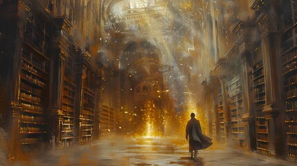 The canvas reveals an ancient library lost in time, towering bookshelves