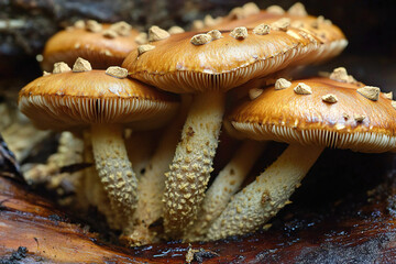 Obraz premium Delicious Cinnamon Caps Mushrooms - Close-Up Macro Photography of Earthy, Brown-Shaped Fungi with Textured Cap and Stem on Wooden Cutting Board