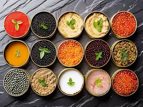 Artistic flat lay composition of various types of caviar tins arranged a symmetrical pattern on a dark slate surface photographed with overhead lighting for depth and richness