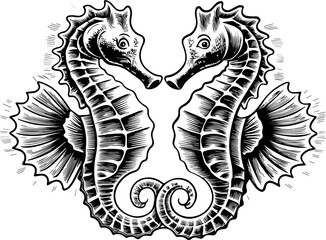 Maritime life featuring tropical marine life in SVG and vector formats. Intricate Vintage Seahorses Emblem with Symmetrical Design