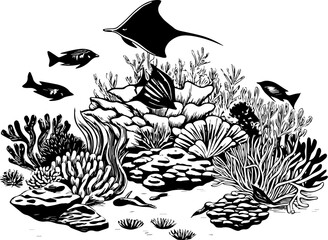 Naklejka premium Maritime life featuring tropical marine life in SVG and vector formats. Underwater Scene with Fish and Coral Reef in Black and White