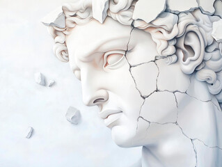Cracked White Sculpture of a Face on White Background