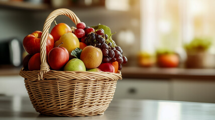 Colorful fruit basket filled with fresh seasonal fruits indoors