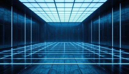 Obraz premium Dynamic neon grid action in futuristic space virtual environment digital art modern design concept