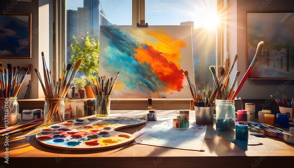 Poster a vibrant artist's studio filled with paintbrushes and colorful paints, illuminated by sunlight, sho