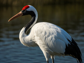 Obraz premium The elegant red - crowned crane stands by the water.