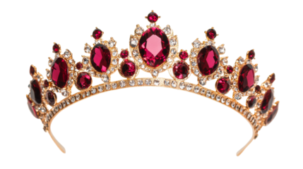 Golden crown with red gems, royal jewel headpiece, cut out transparent