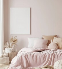 Pink bedroom interior with empty frame mockup. (1)