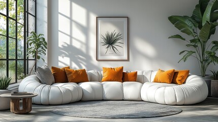 Modern living room with white sectional sofa, orange pillows, and art. Sunlight streaming through large windows