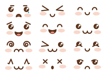 Set of cute kawaii emoticon doodles. Asian style cartoon face childish manga style.