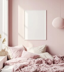 Pink bedroom interior with empty frame mockup.