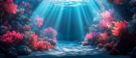 Fototapeta premium Underwater world with corals and fish illuminated by sunlight. Use for marine theme design, teaching biology, aquarium design.